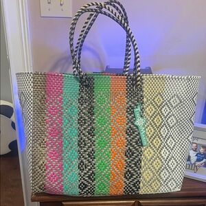Woven Multicolor Tote Bag with Striped Diamond Pattern